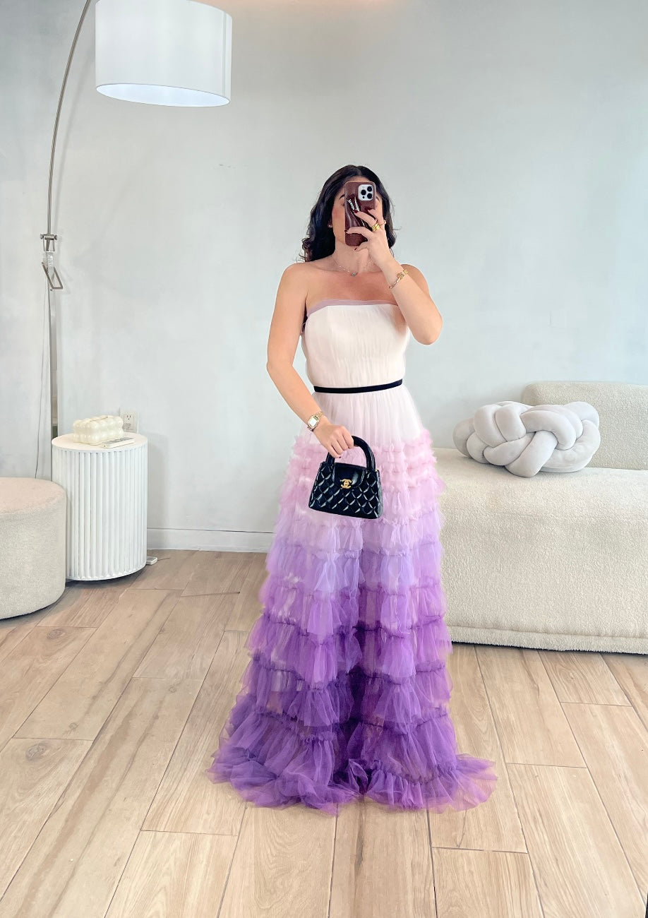 VESTIDO LARGO TONOS MORADO TUL