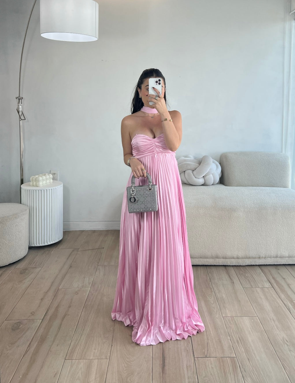 VESTIDO LARGO ROSA CON MASCADA LARGA