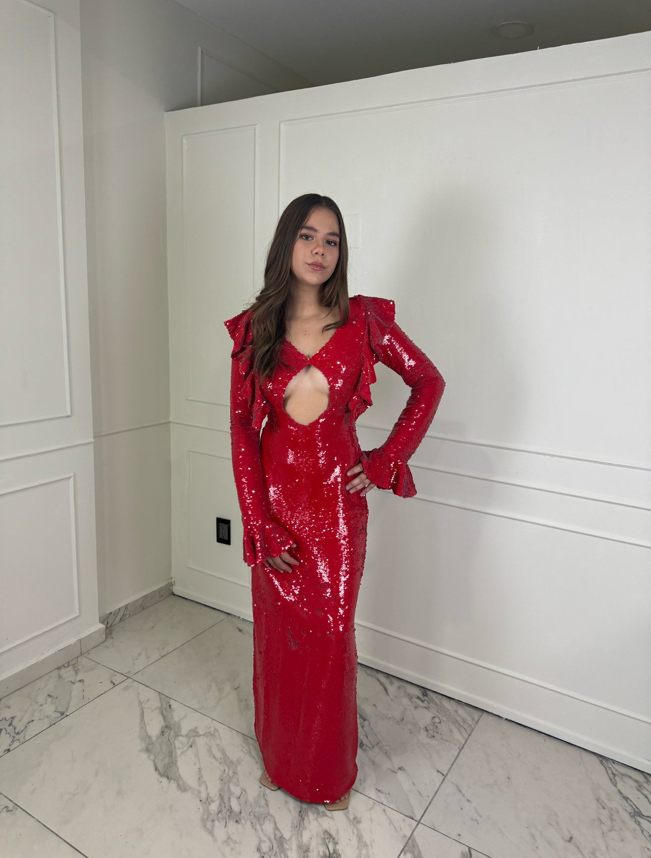 VESTIDO LARGO ROJO LENTEJUELAS