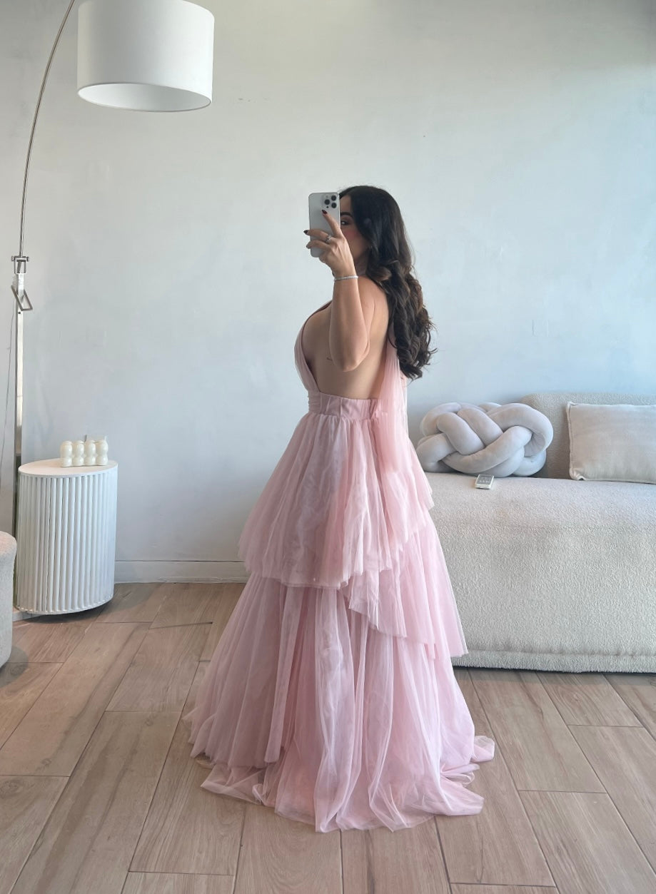 VESTIDO LARGO ROSA DE TUL