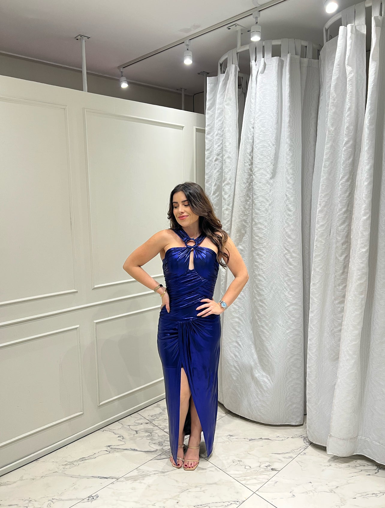 VESTIDO LARGO AZUL METÁLICO