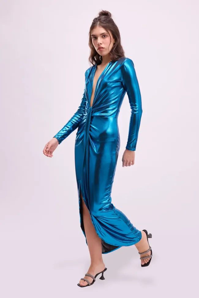 VESTIDO AZUL METÁLICO LARGO