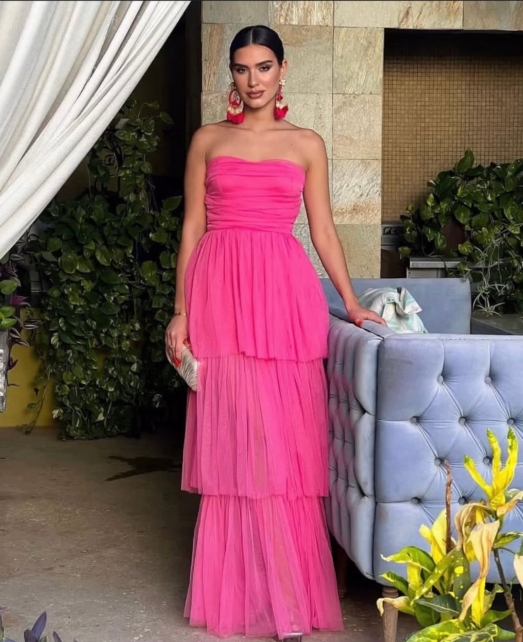 VESTIDO ROSA LARGO STRAPLESS