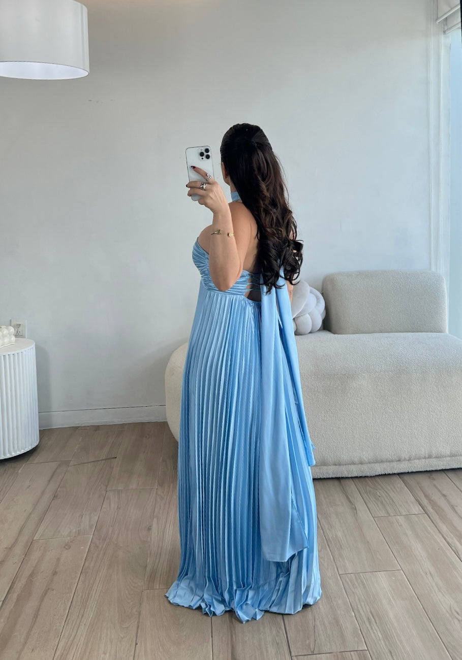 VESTIDO LARGO AZUL CON MASCADA