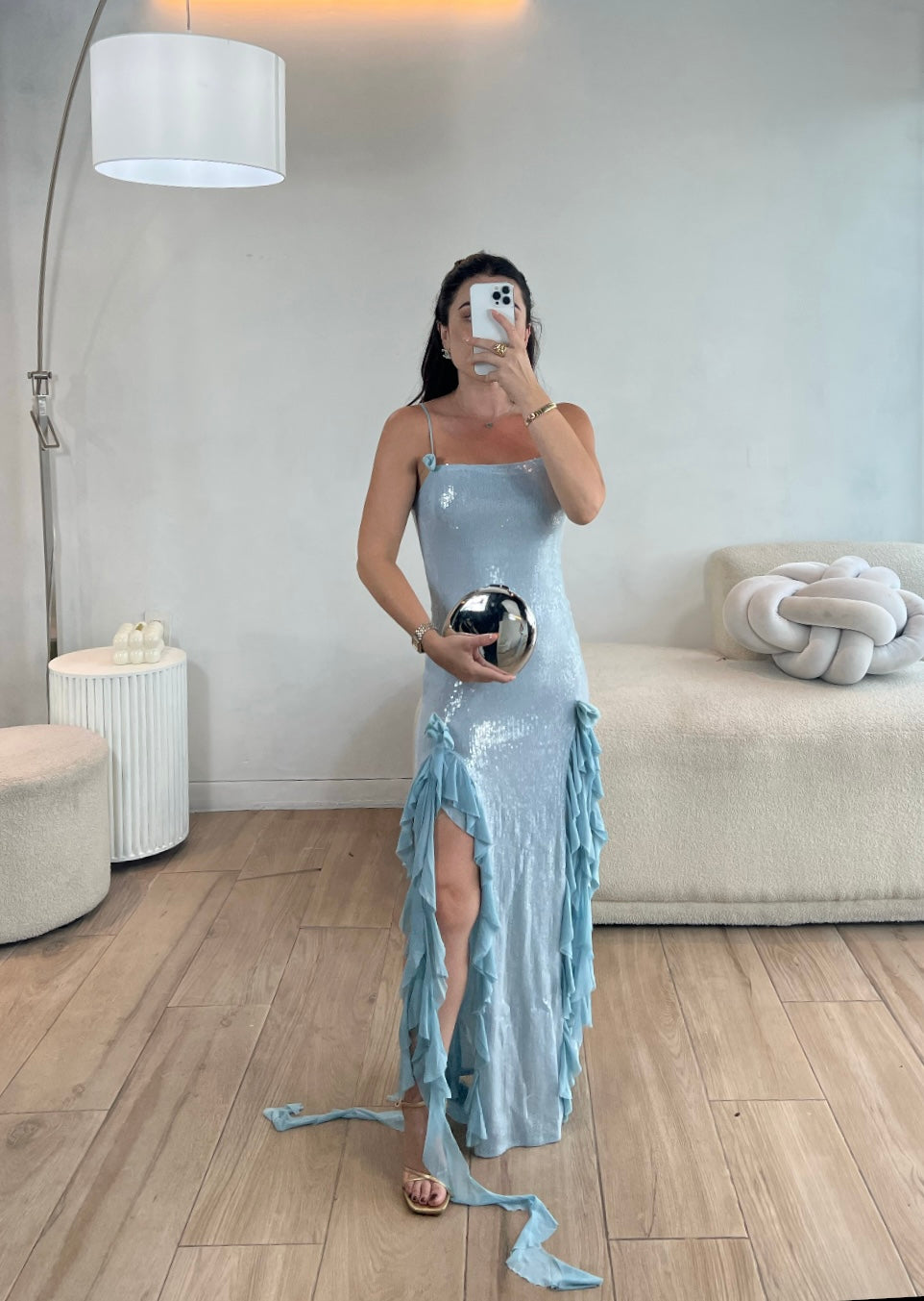 VESTIDO LARGO AZUL BAJITO LENTEJUELAS