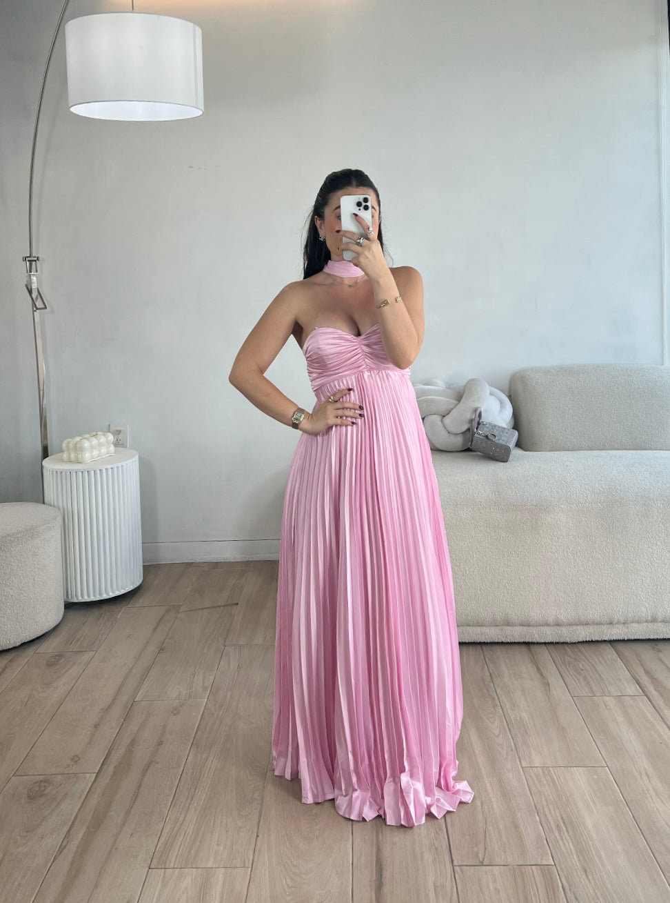 VESTIDO LARGO ROSA CON MASCADA LARGA
