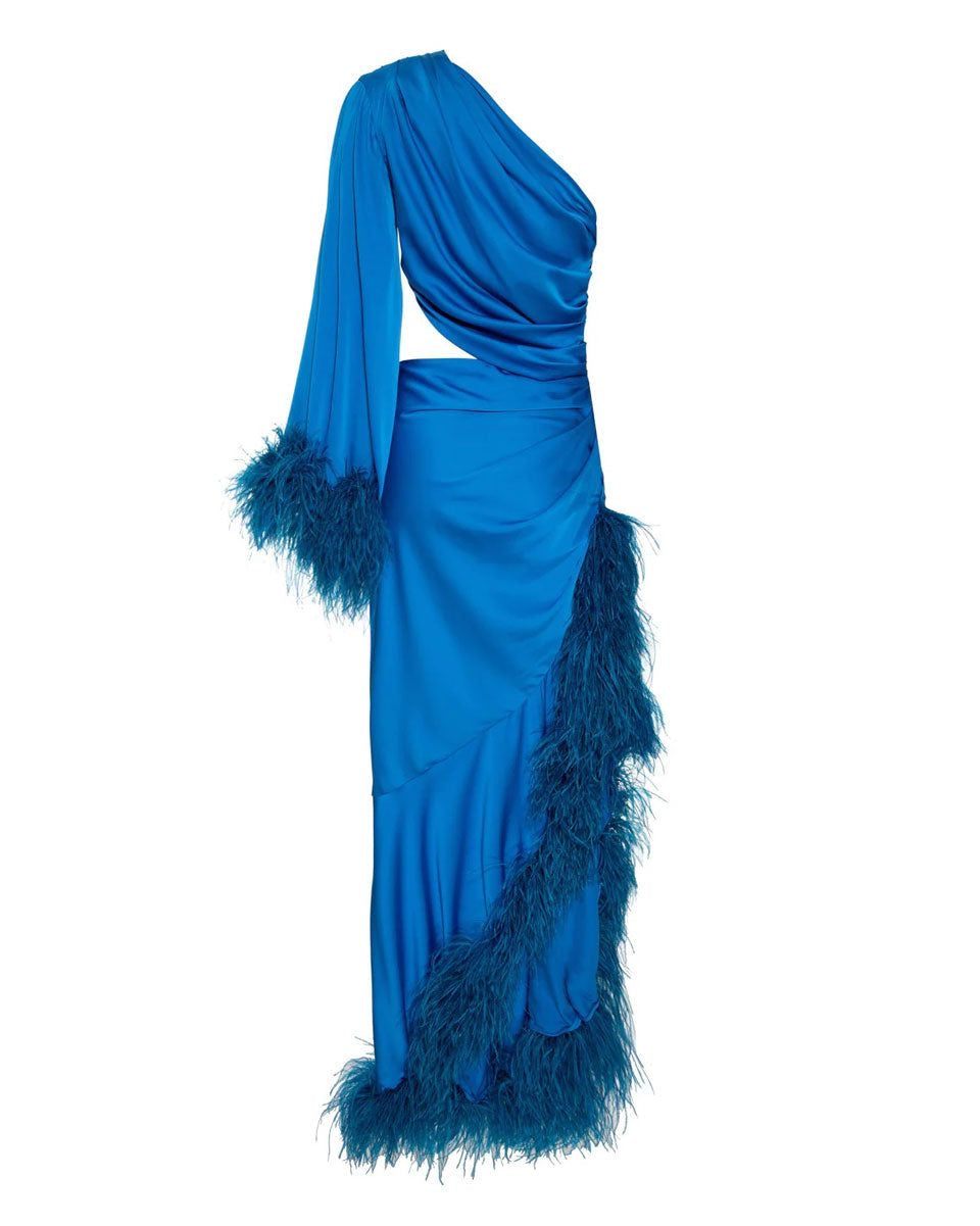 VESTIDO LARGO AZUL DE UNA MANGA CON PLUMAS