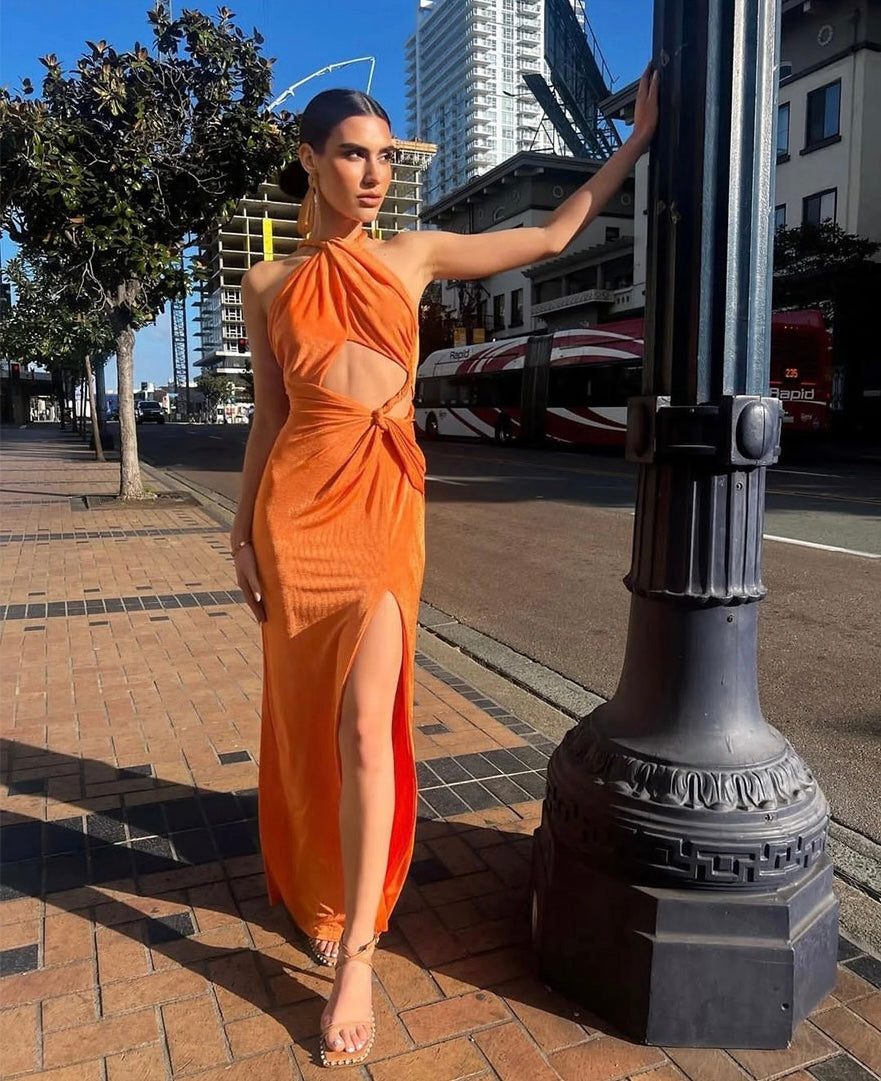 VESTIDO NARANJA LARGO CUTOUT