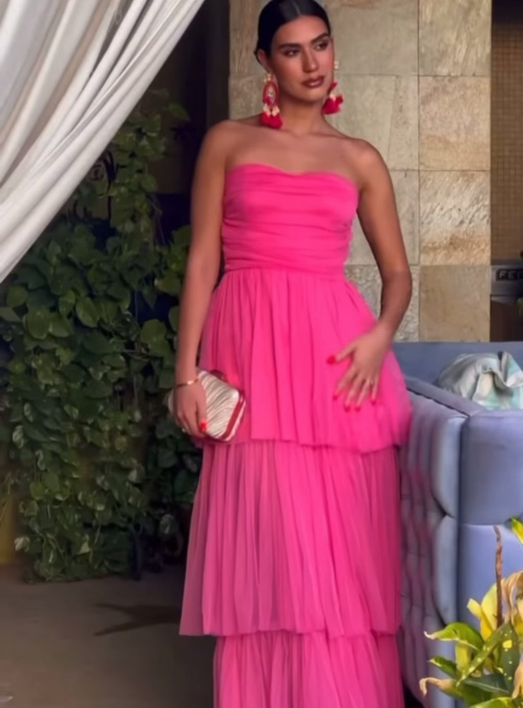 VESTIDO ROSA LARGO STRAPLESS