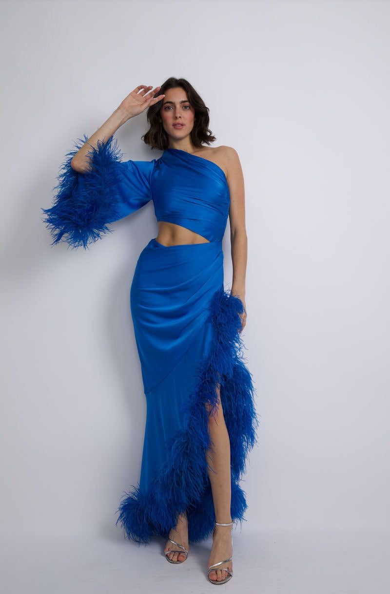 VESTIDO LARGO AZUL DE UNA MANGA CON PLUMAS