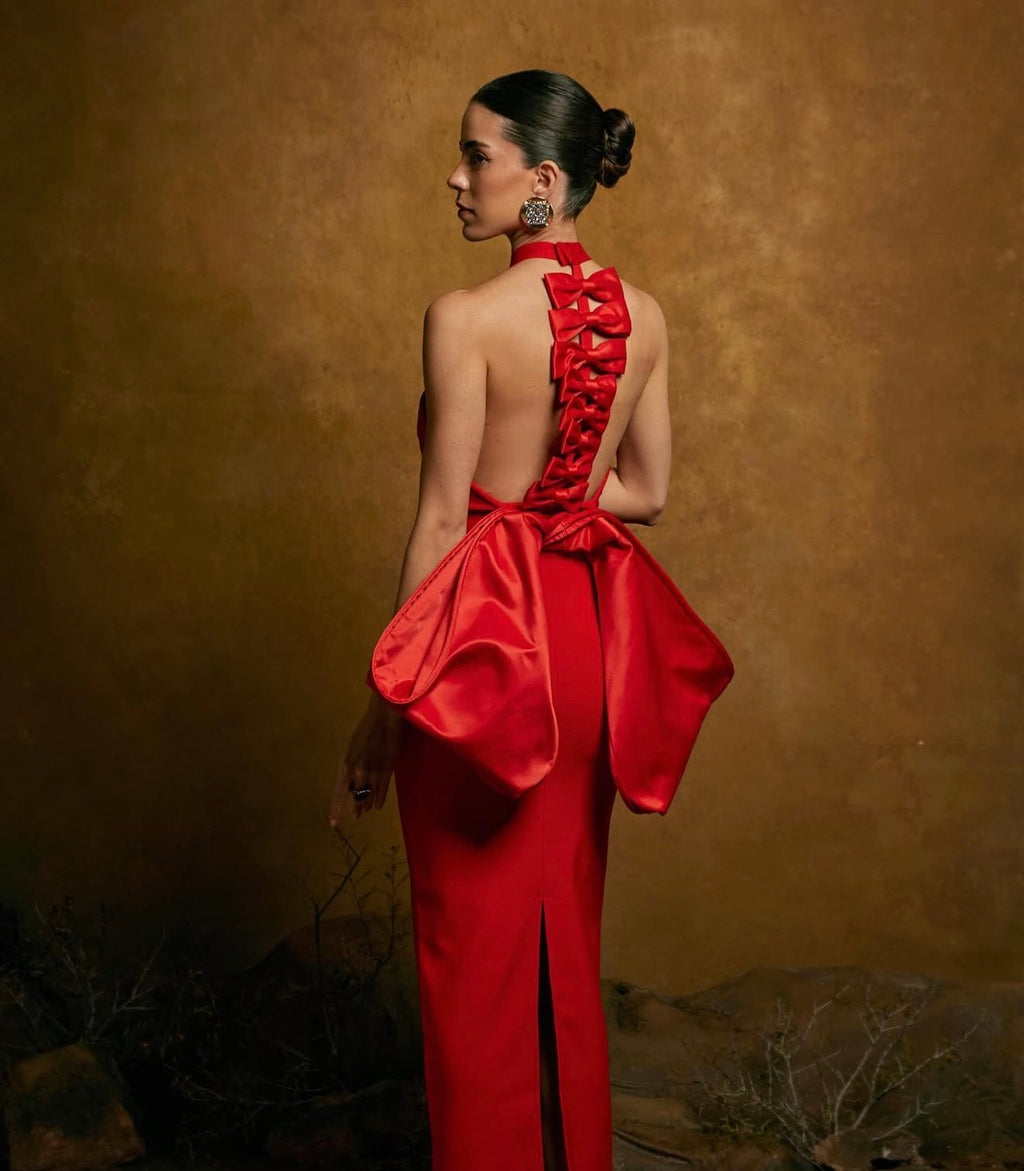 VESTIDO ROJO LARGO CON MOÑO